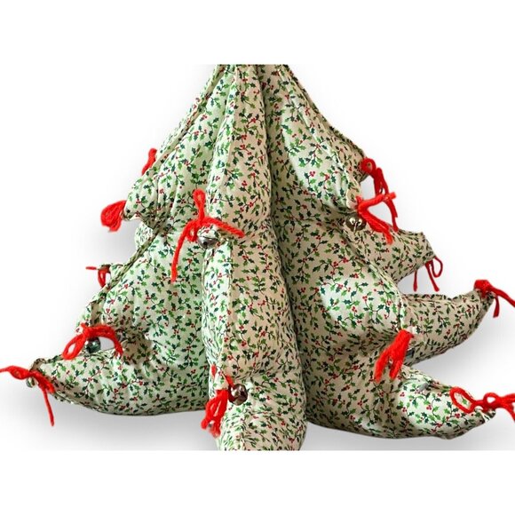 Handcrafted 3D Stuffed Fabric Christmas Tree 15" Holly Print & Bells Vintage - Picture 6 of 7
